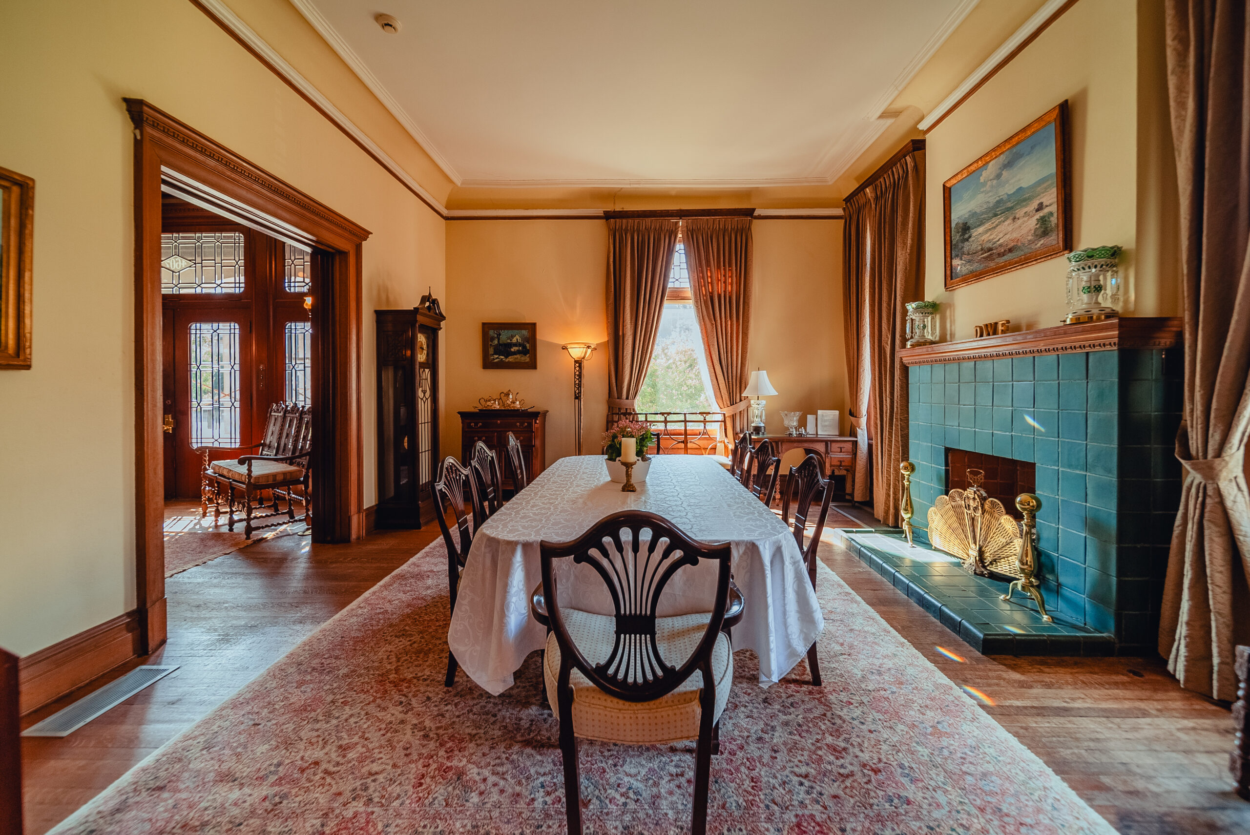 Alexander Mansion Interiors Writing Room looking south with dining table setup Alexander Mansion Interiors Writing Room looking south with dining table setup