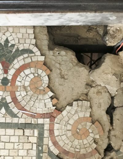 Alexander Mansion Carriage Entrance damaged mosaic tile floor