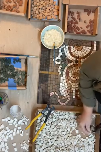 Mosaic Floor repair - studio work - screen clip from Sarah Wandrey's video 2024